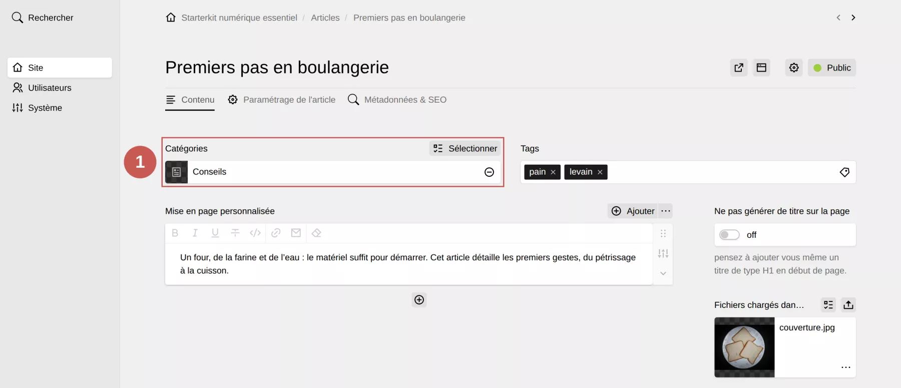 Le champ Catégories d’un article, annoté : 1. Catégories de la collection.
