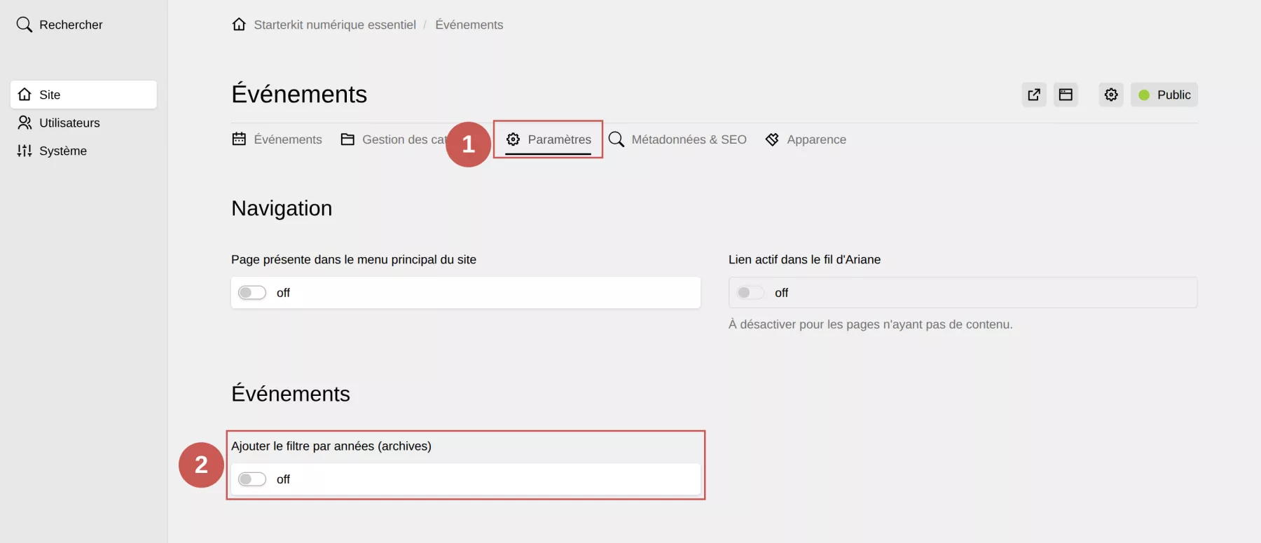 Les réglages d’une collection Événements, annoté : 1. Option Ajouter le filtre par années (archives).