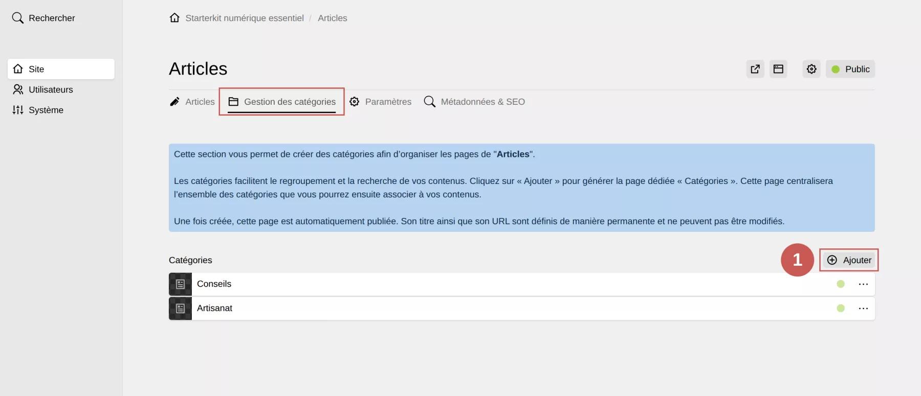 L’onglet « Gestion des catégories » d’une collection dans l’espace d’administration, annoté : 1. Bouton Ajouter.