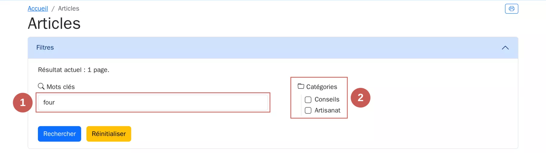 La zone de filtres ouverte, avec des mots clés saisis, annotée : 1. Champ de recherche par mots clés, 2. Catégories filtrables.