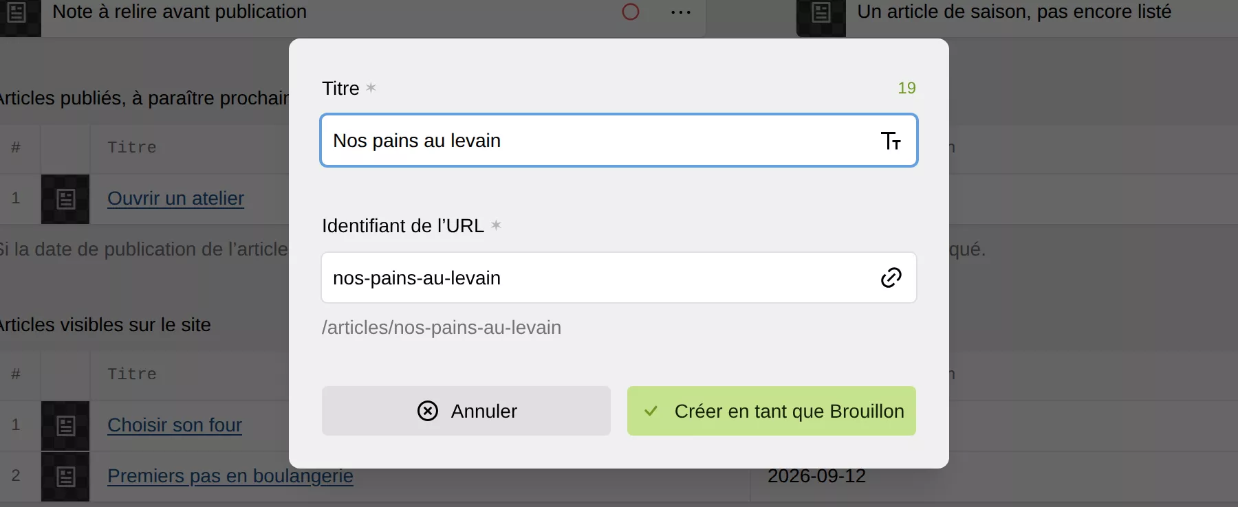 La fenêtre de création d’un article, avec le titre saisi.