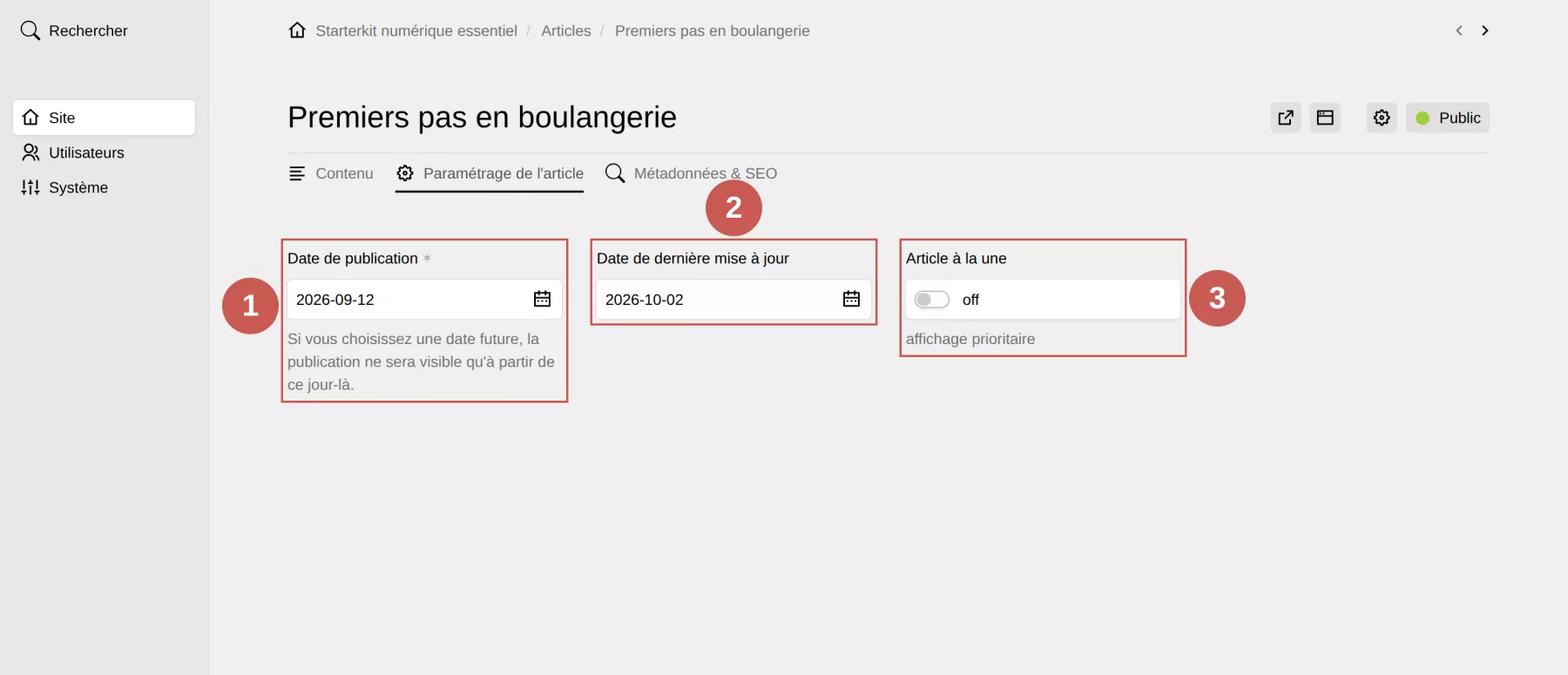 L’onglet « Paramétrage de l’article », annoté : 1. Date de publication, 2. Date de dernière mise à jour, 3. Article à la une.