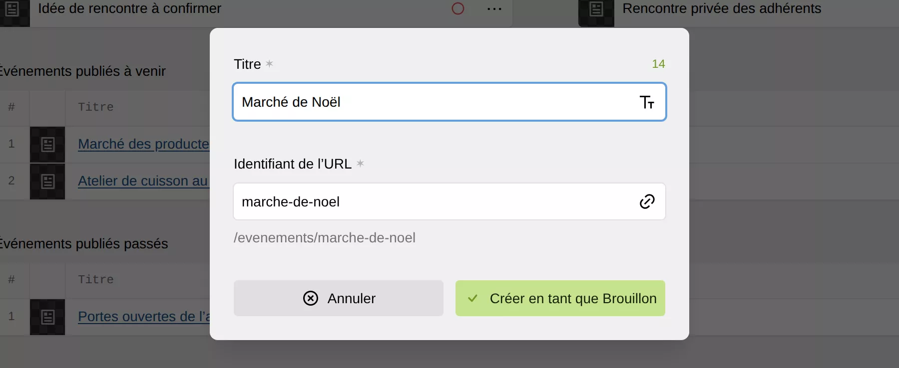 La fenêtre de création d’un événement, avec le titre saisi.