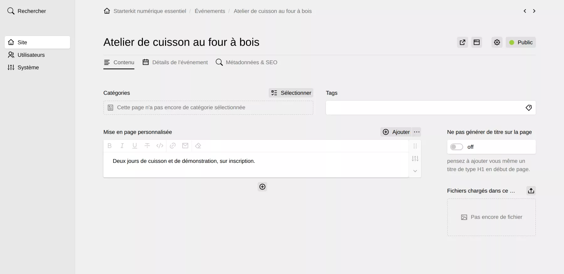Les champs Catégories et Tags, en haut de l’onglet « Contenu » d’un événement.