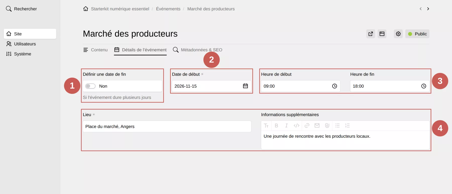 L’onglet « Détails de l’événement », annoté : 1. Définir une date de fin, 2. Date de début, 3. Heure de début et heure de fin, 4. Lieu et informations supplémentaires.
