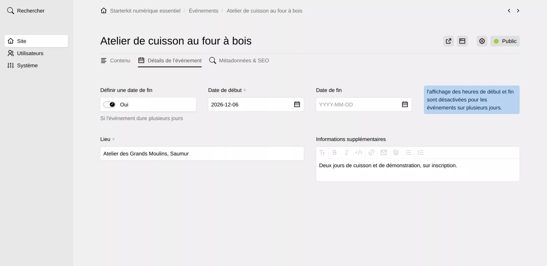 L’onglet « Détails de l’événement » avec une date de fin activée : le champ Date de fin remplace les heures.