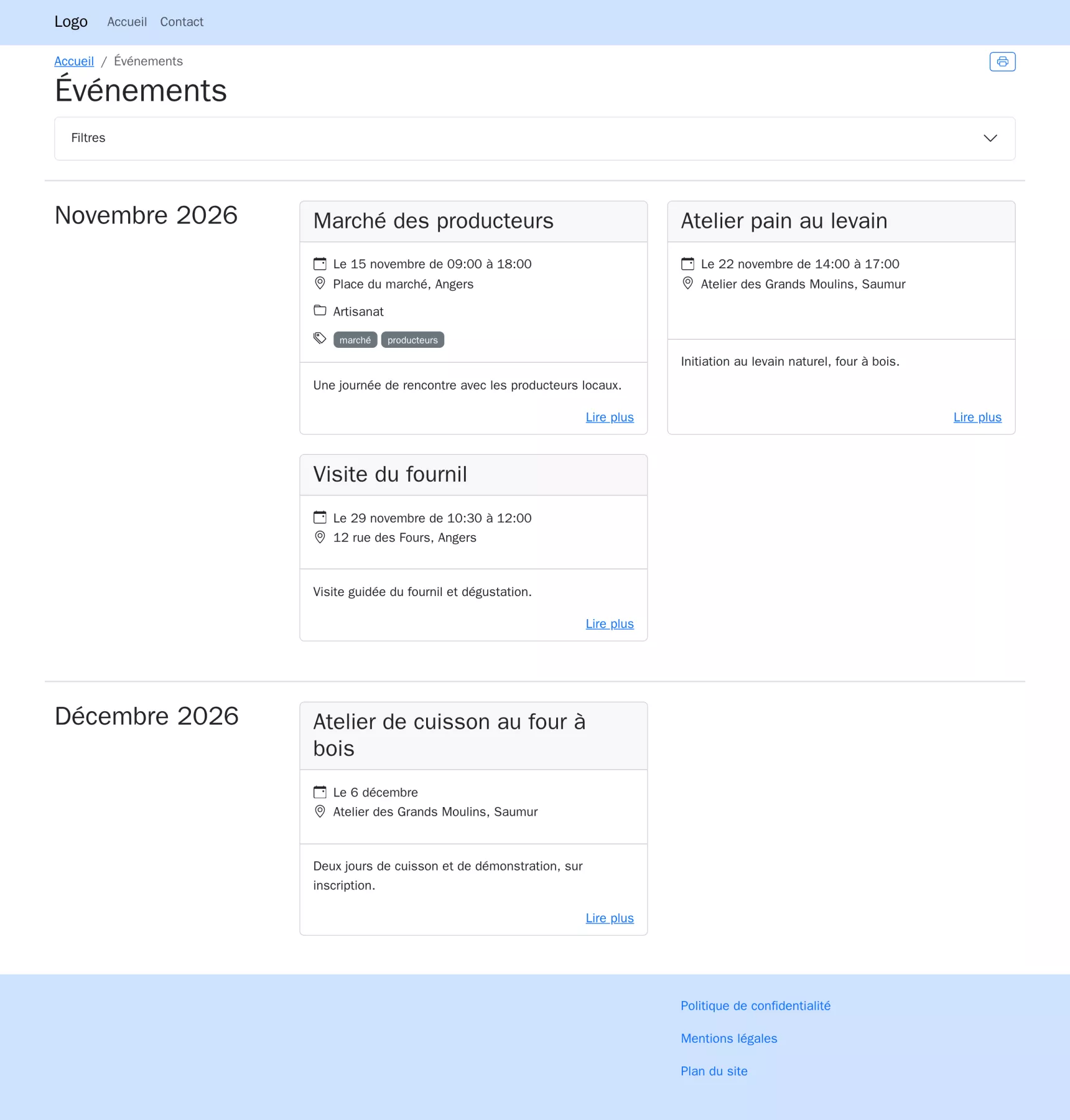 Une liste d’événements affichée sur le site, avec leurs dates.