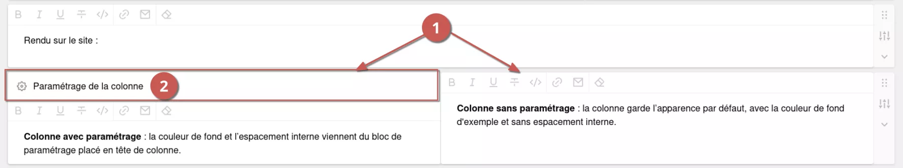 Placement d’un bloc de paramétrage de colonne dans l’espace d’administration dans une mise en page sur deux colonnes, annoté