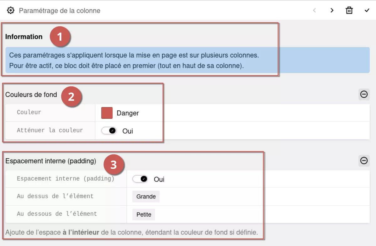 Édition d’un bloc de paramétrage de colonne dans l’espace d’administration, annoté