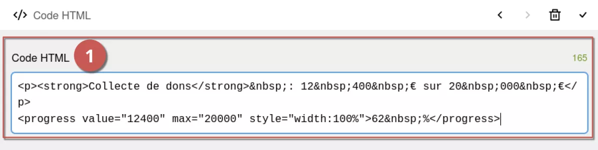 Édition d’un bloc de code HTML dans l’espace d’administration, annoté