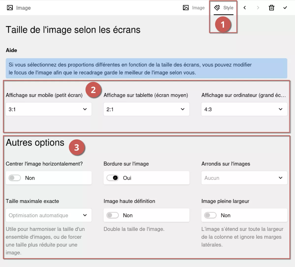 Édition du style d’une image dans l’espace d’administration, annoté