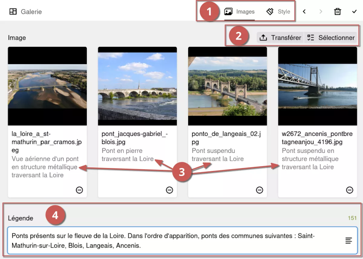 Édition d’une galerie d’images dans l’espace d’administration, annoté