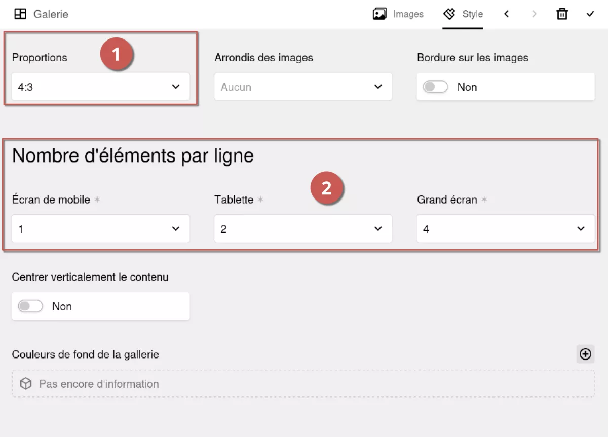 Édition des options d’une galerie d’images dans l’espace d’administration, annoté