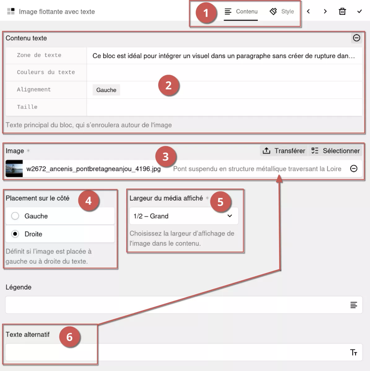 Édition d’un bloc image flottante avec texte dans l’espace d’administration, annoté