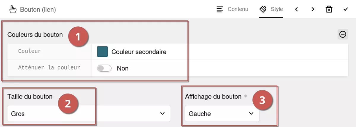 Édition du style d’un bloc bouton dans l’espace d’administration, annoté