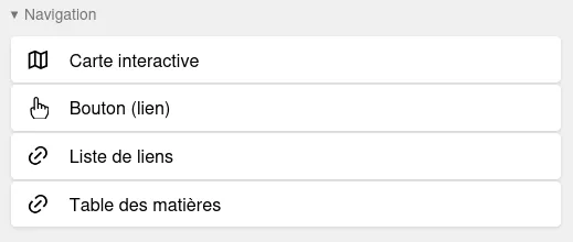 La fenêtre d’ajout de bloc, ouverte sur le groupe Navigation. Elle montre quatre blocs : Carte interactive, Bouton (lien), Liste de liens et Table des matières.