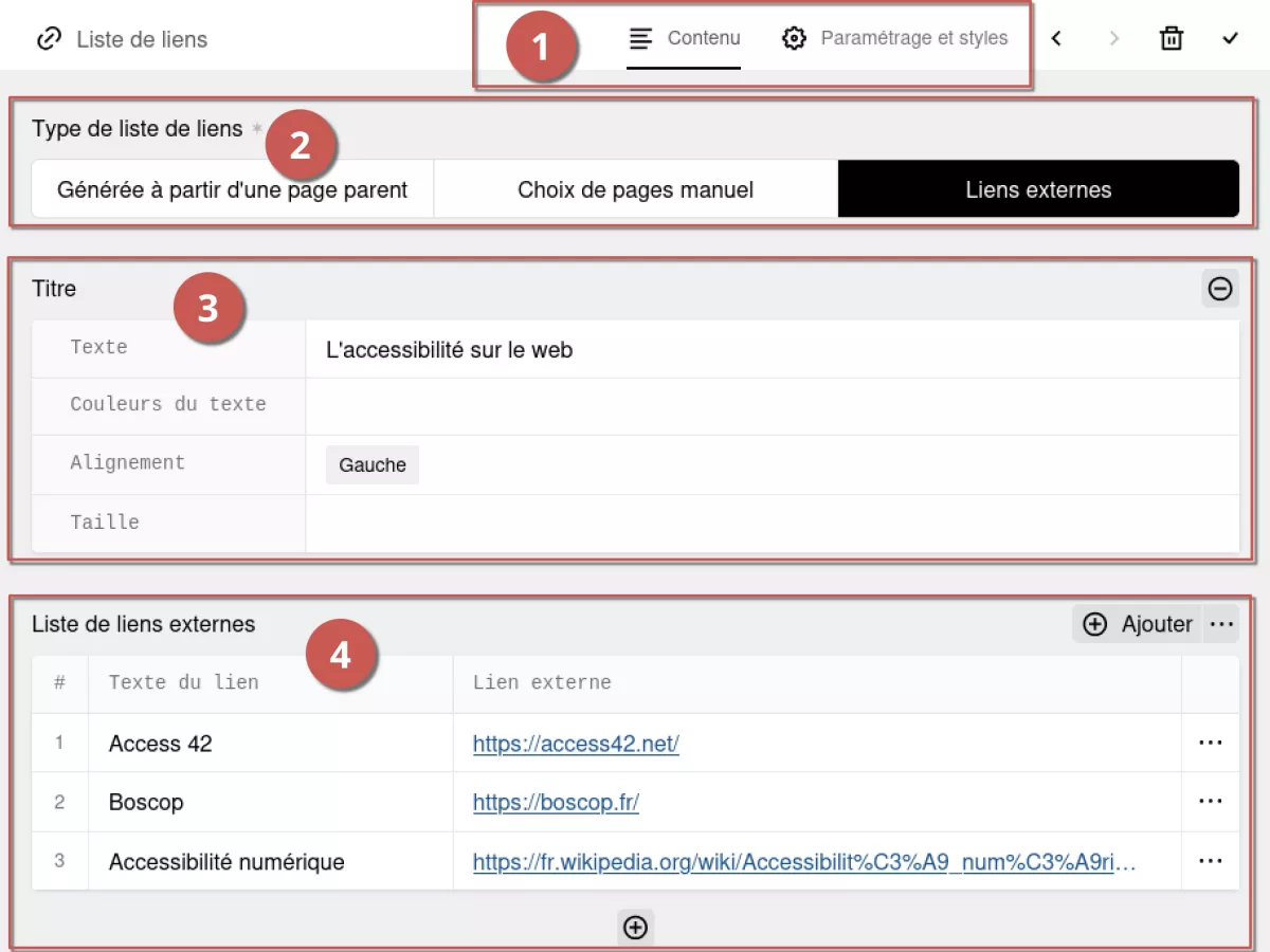 Édition d’un bloc de liste de liens dans l’espace d’administration, annoté