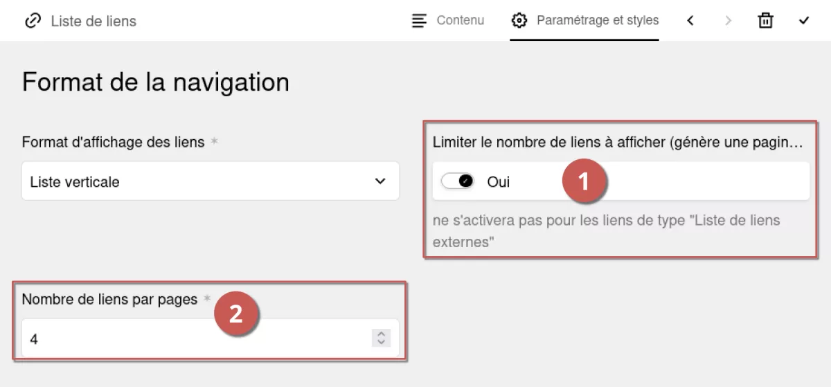Édition du style d’un bloc de liste de liens vertical dans l’espace d’administration, annoté