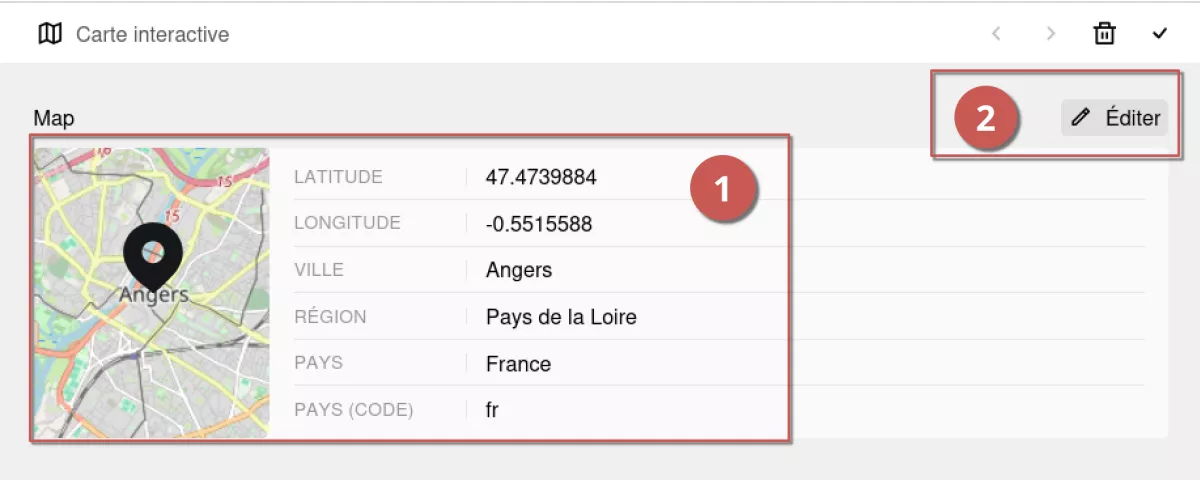 Édition du bloc carte interactive une fois la localisation choisie dans l’espace d’administration, annoté