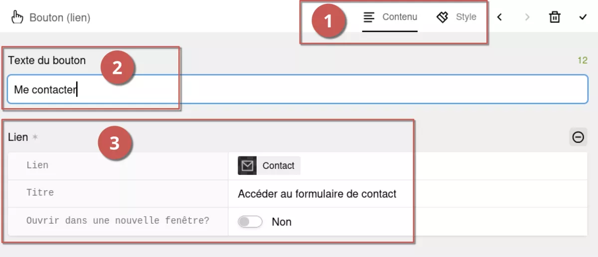 Édition d’un bloc bouton dans l’espace d’administration, annoté