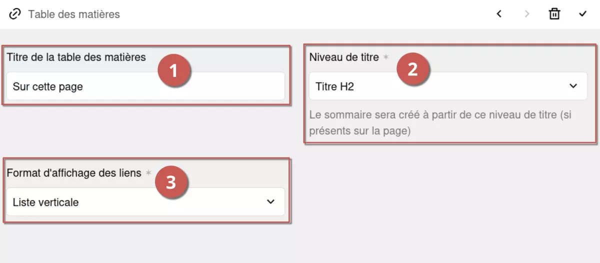 Édition d’un bloc table des matières dans l’espace d’administration, annoté