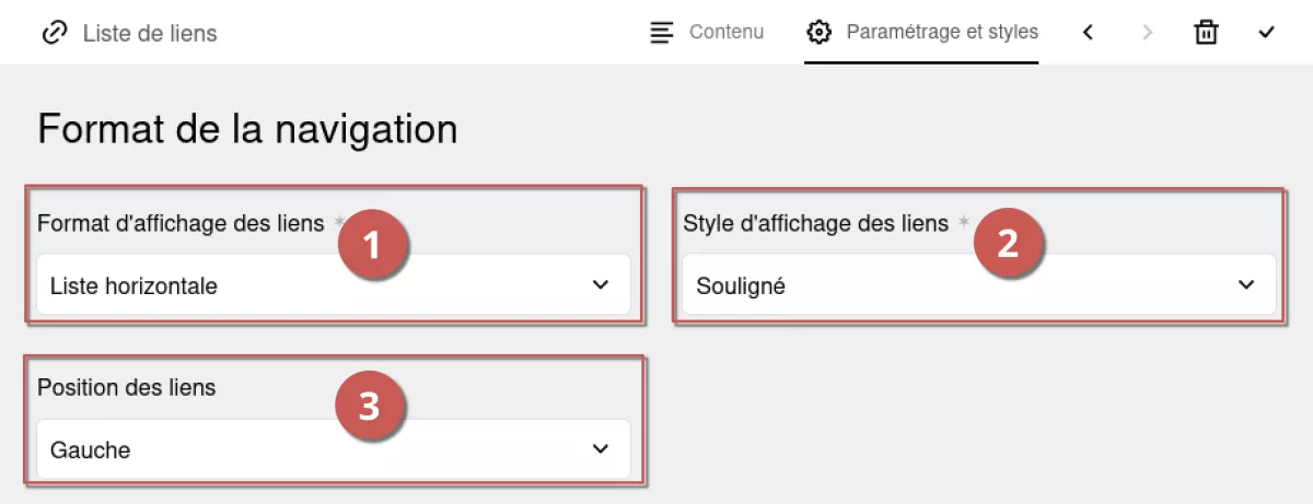Édition du style d’un bloc de liste de liens horizontal dans l’espace d’administration, annoté