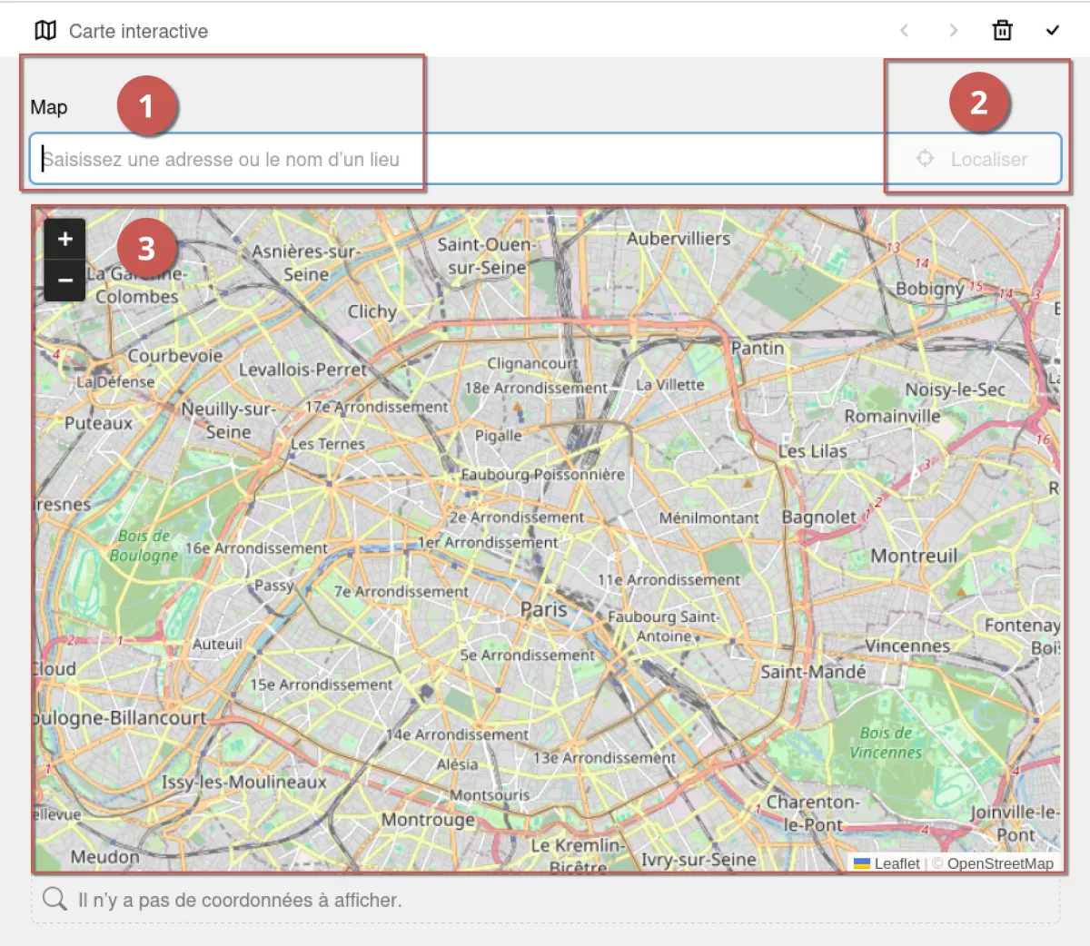 Édition du bloc carte interactive dans l’espace d’administration, annoté