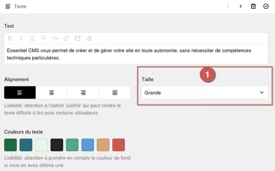 Modification de la taille du texte d’un bloc texte sur l’interface d’administration