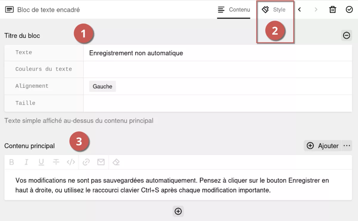 Édition d’un bloc de texte encadré dans l’espace d’administration, annoté