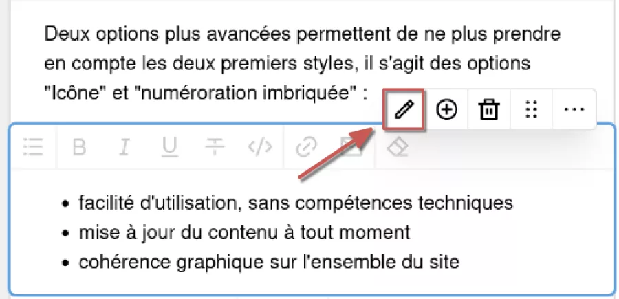 Accéder aux options avancées de mise en page d’un bloc liste