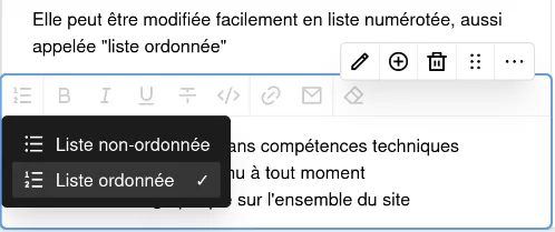 Bloc liste, l’option d’affichage « Liste ordonnée » est sélectionnée