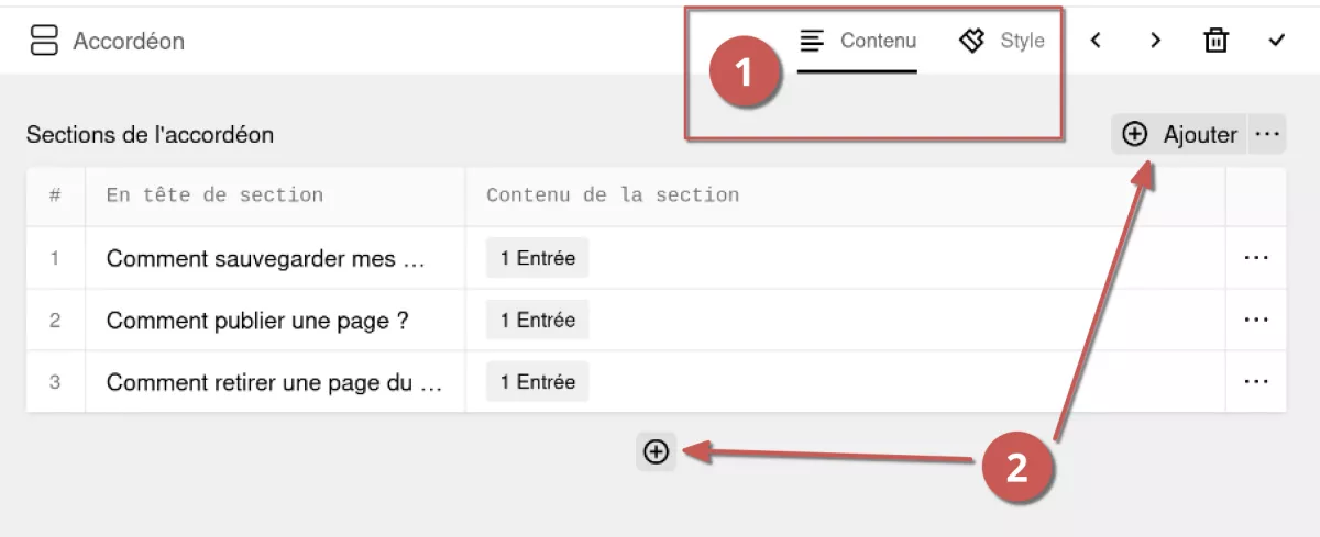 Édition d’un bloc accordéon dans l’espace d’administration, annoté