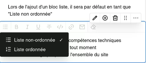 Bloc liste, l’option d’affichage « Liste non ordonnée » est sélectionnée