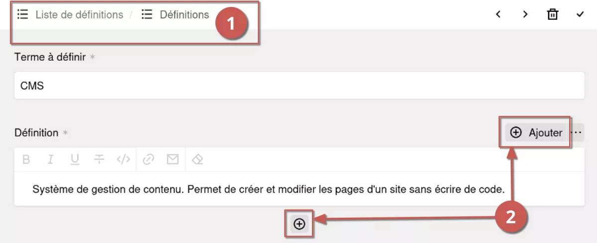 Édition d’une définition dans l’espace d’administration, annoté