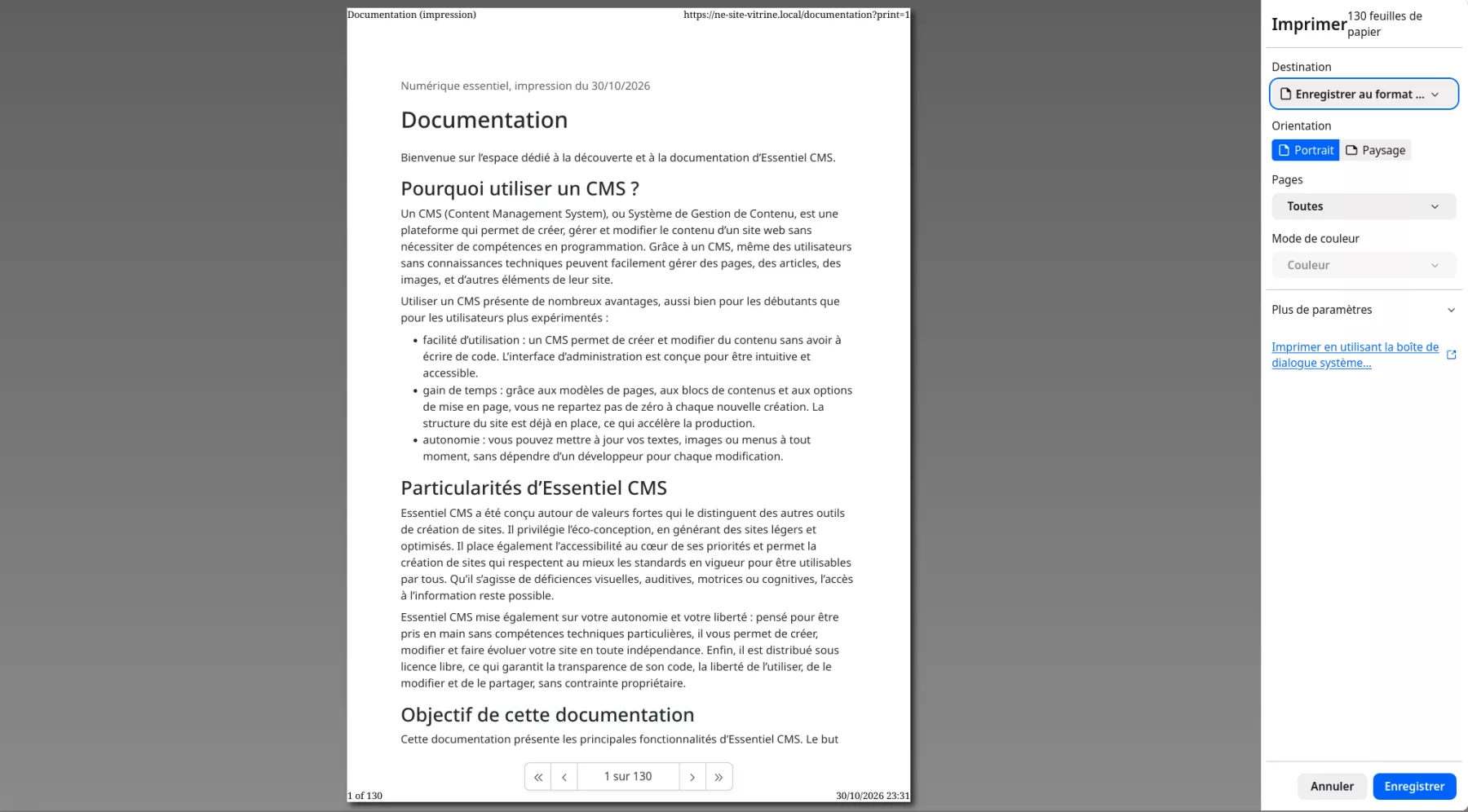 La fenêtre d’impression du navigateur, avec l’option Enregistrer au format PDF sélectionnée.