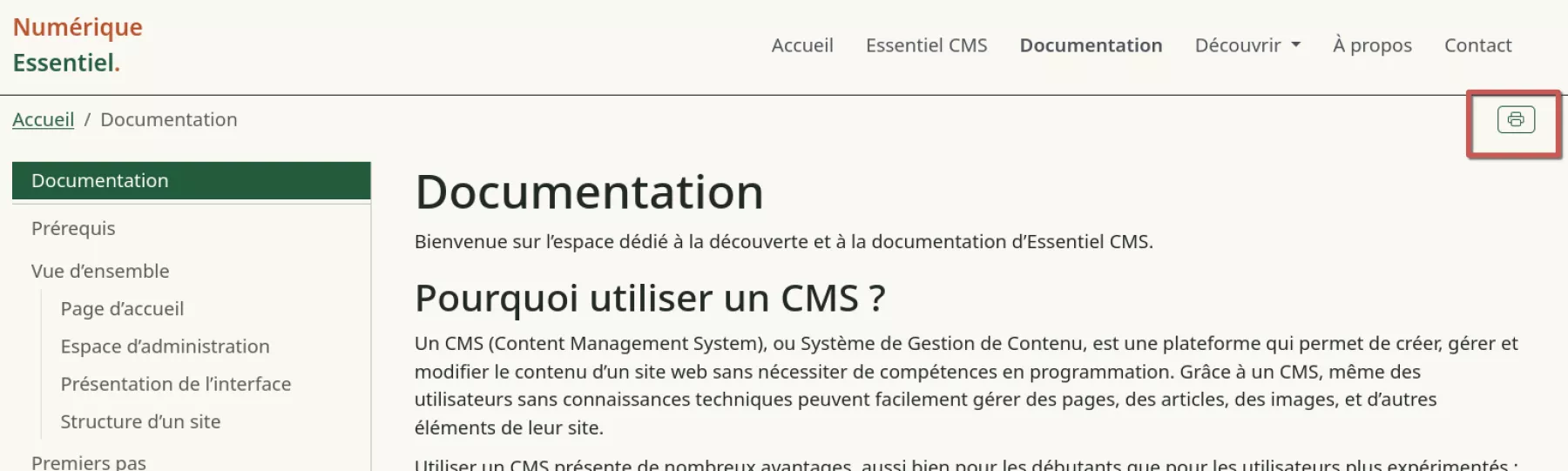 Emplacement de l'icône en forme d'imprimante pour ouvrir la page de téléchargement en PDF