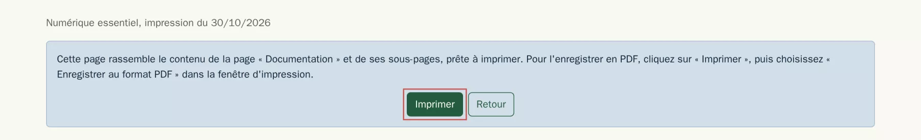 La page d’impression, avec la ligne d’en-tête, le bouton Imprimer et le bouton Retour.
