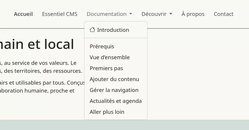 Rendu du menu déroulant avec son propre lien pour la page Documentation sur le site.