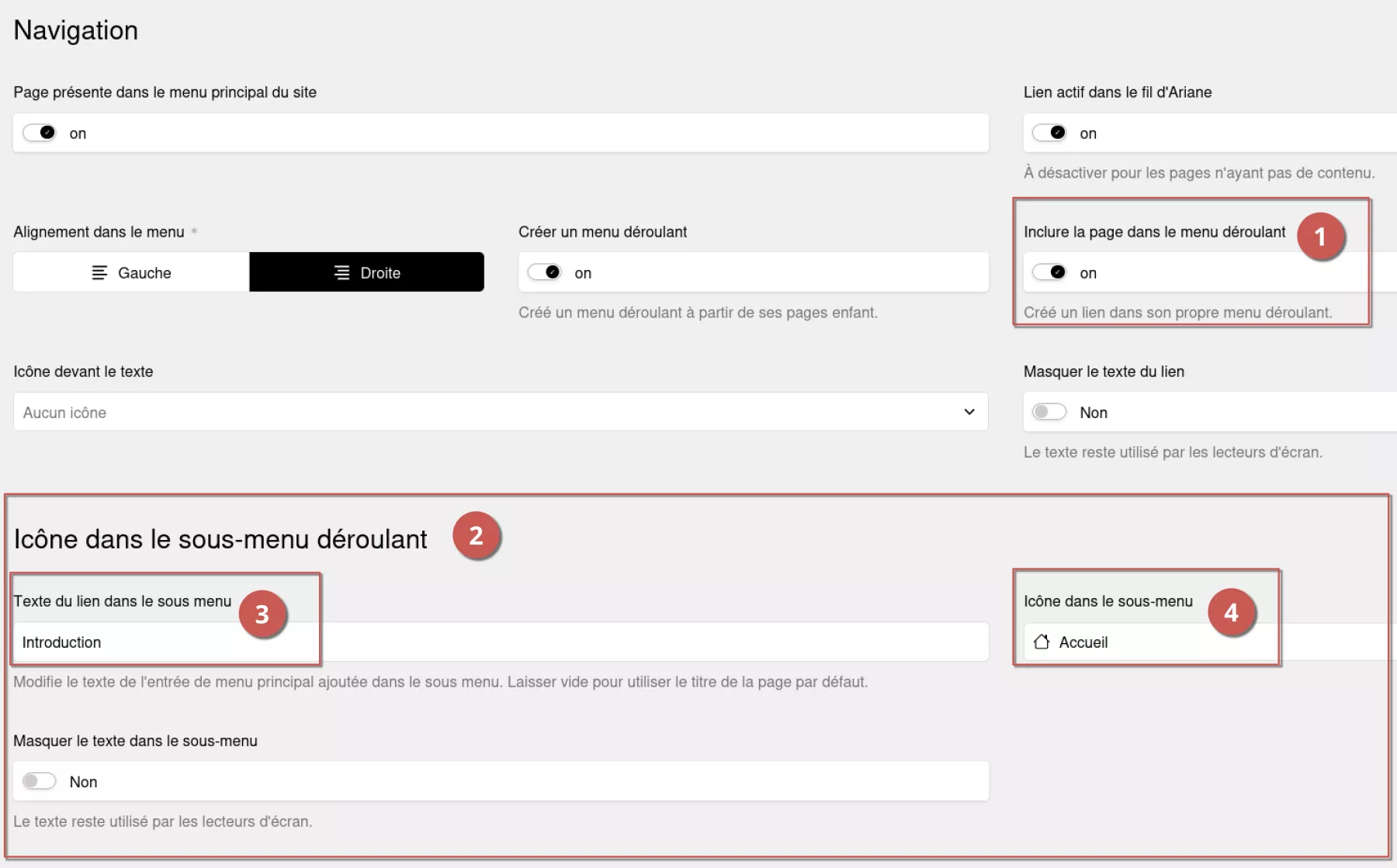 Activation de l'inclusion de la page Documentation dans le menu déroulant sur l’espace d’administration, annoté