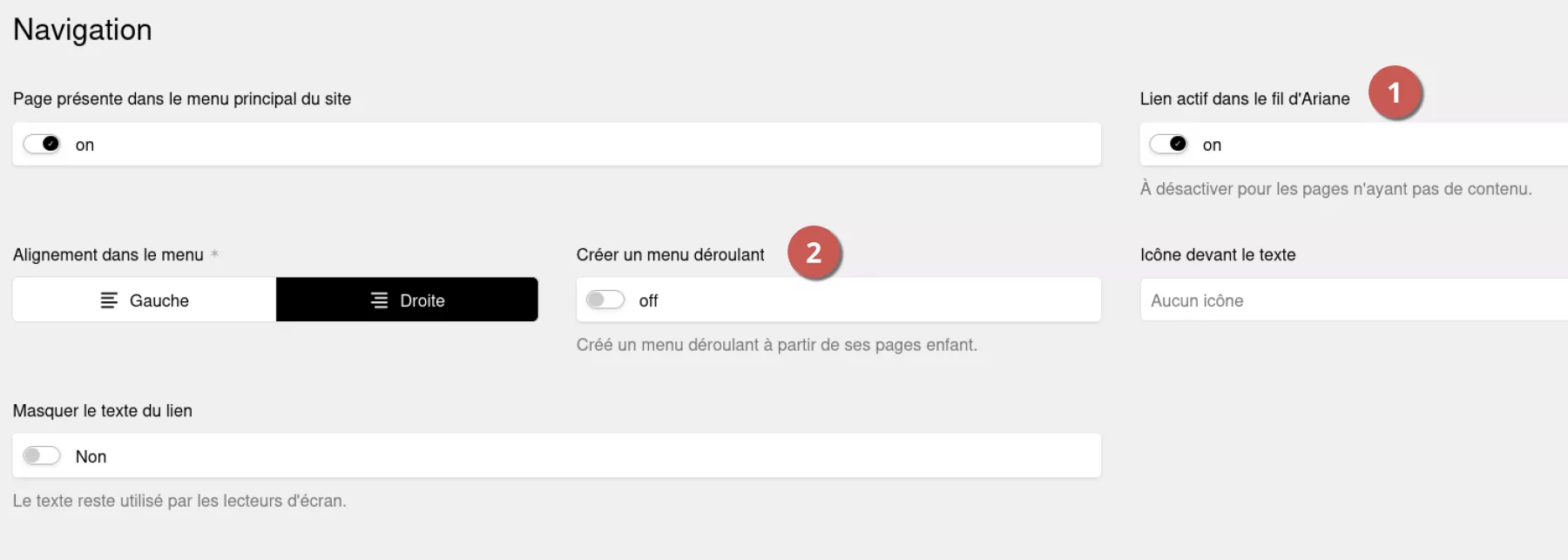 Modification des options sur la navigation de la page Documentation sur l’espace d’administration : menu déroulant désactivé. Annoté