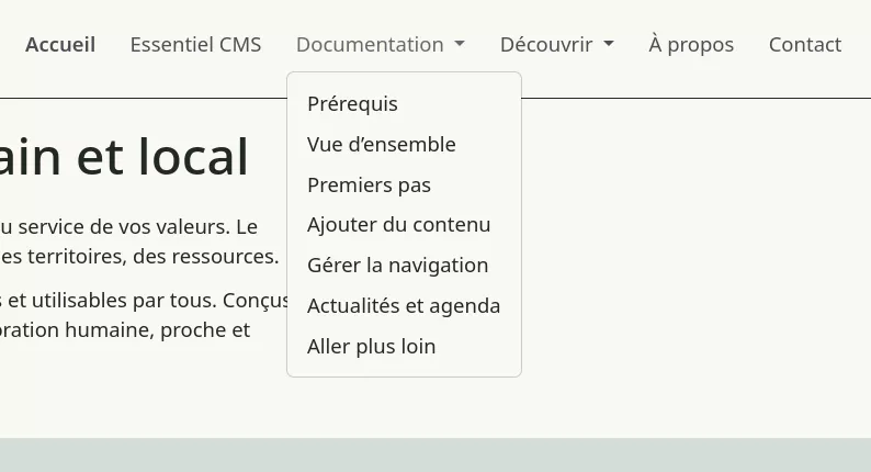 Rendu du menu déroulant pour la page Documentation sur le site.