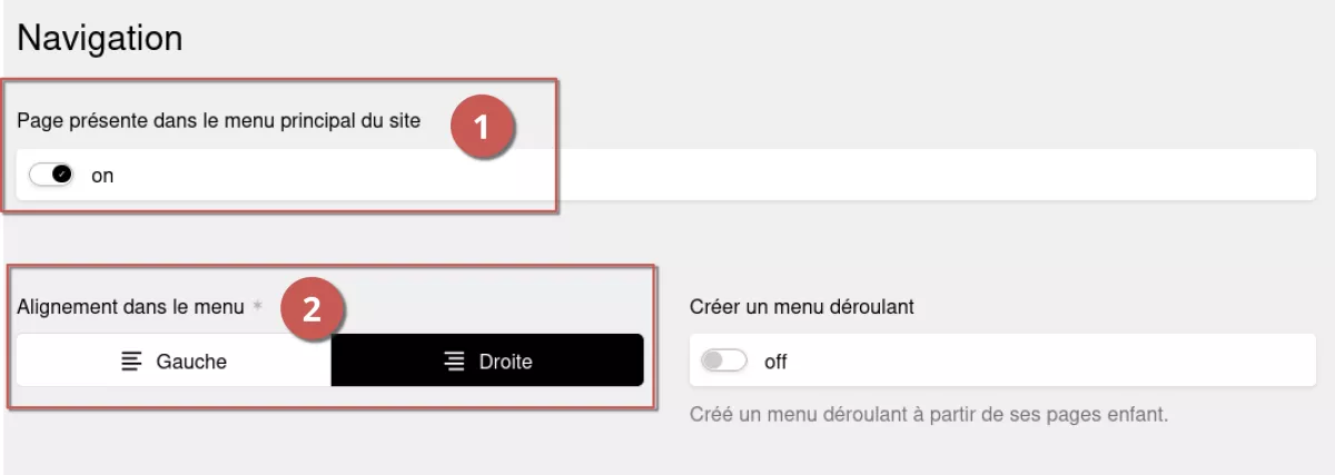 Options sur la navigation dans l'onglet paramètre d'une page sur l’espace d’administration, annoté