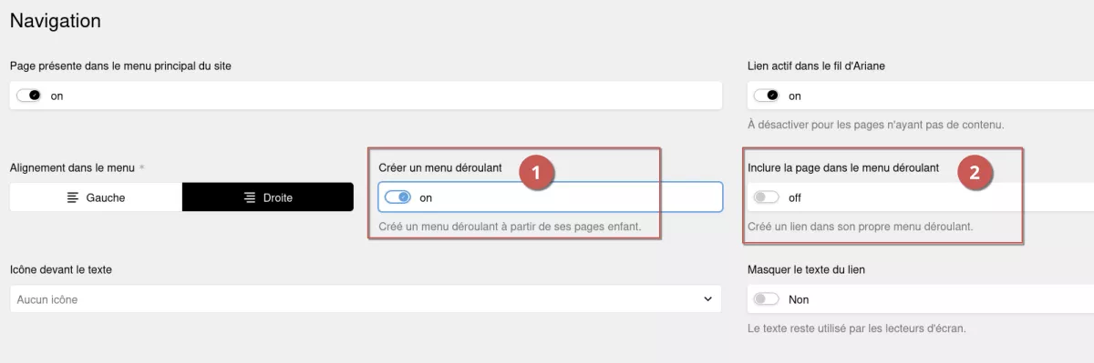 Activation du menu déroulant pour la page Documentation sur l’espace d’administration, annoté