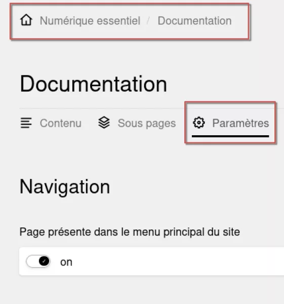 Onglet Paramètres de la page Documentation dans l’espace d’administration.