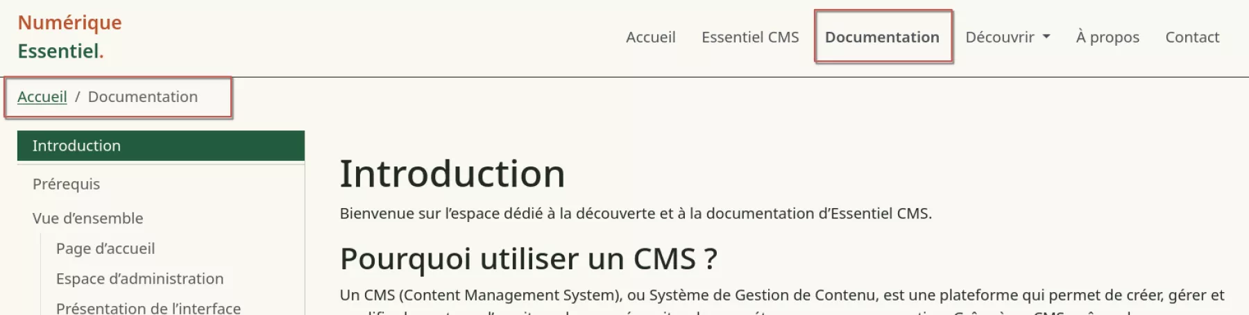 La page documentation est affichée sur le site après avoir cliqué sur l'entrée "Documentation" du menu.