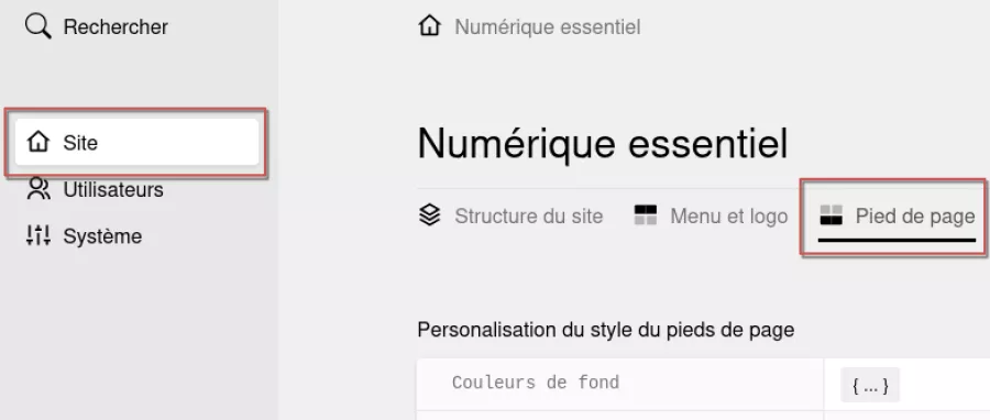 La fiche du site dans l’espace d’administration, onglet « Pied de page » sélectionné.