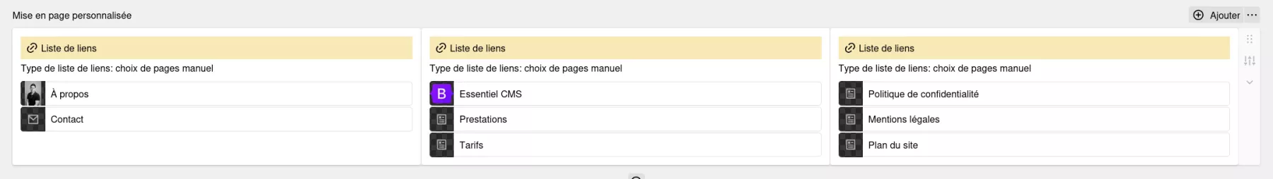 Pied de page du site édité dans l'espace d'administration, trois rangées de liens vers des pages secondaires (mentions légales, plan du site, contact...)