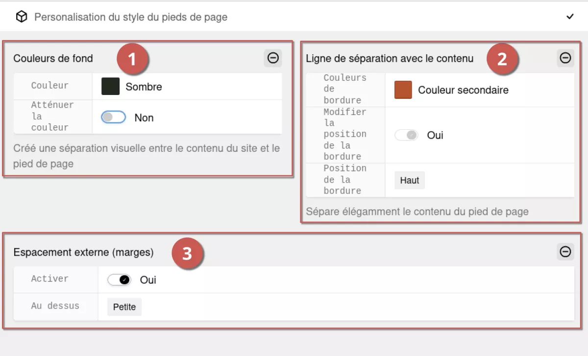 Les options de style du pied de page dans l’espace d’administration, annoté.