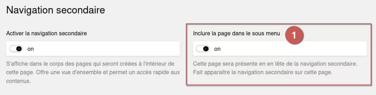 Option "inclure la page parent dans le sous menu" dans l’espace d’administration, annoté