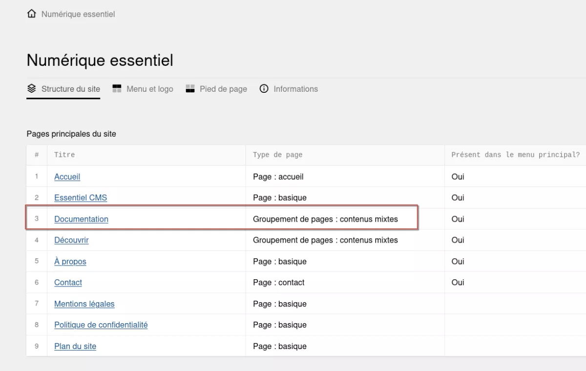 Affichage de la page "Documentation" sur la page d'accueil de l'espace d'administration, qui montre son type : gorupement de pages de contenus mixtes.